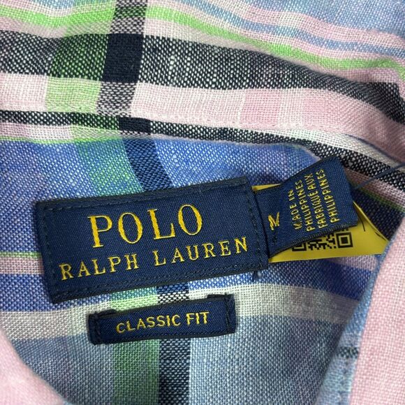 Polo Ralph Lauren Shirt Mens Medium Pink Blue Plaid Classic Fit 100% Linen Woven - Picture 6 of 9